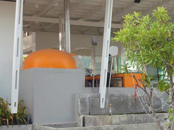 Modern orange and cement gray pizza oven